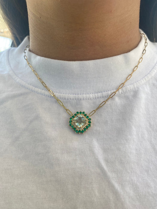 14K Gold Prasiolite, Diamond & Emerald Paperclip Chain Necklace