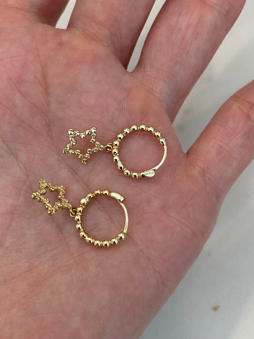 14K Two-Tone Bead Huggie Earrings with Diamond-Cut Star Charms
