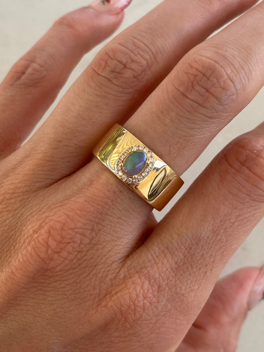 14K Gold Cigar Band Ring | Natural Opal & Diamond Halo