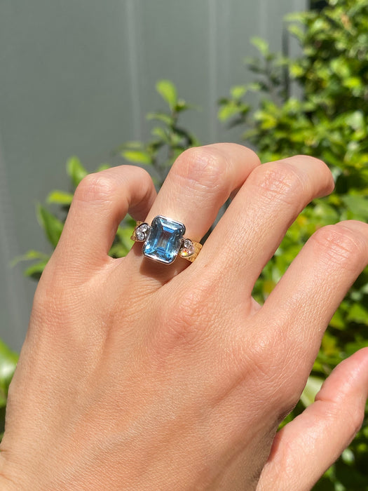 Platinum 900 18k aquamarine heart diamond ring size 4.75