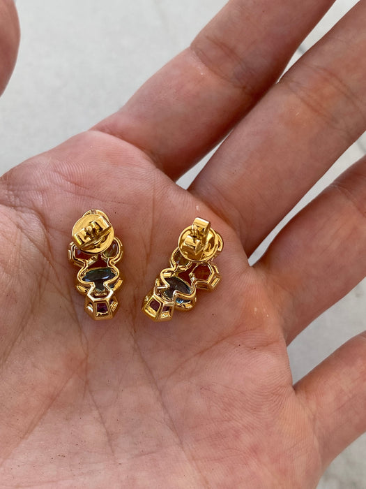 18K Yellow Gold Natural Rainbow Gemstone Bezel-Set J Hoop Earrings