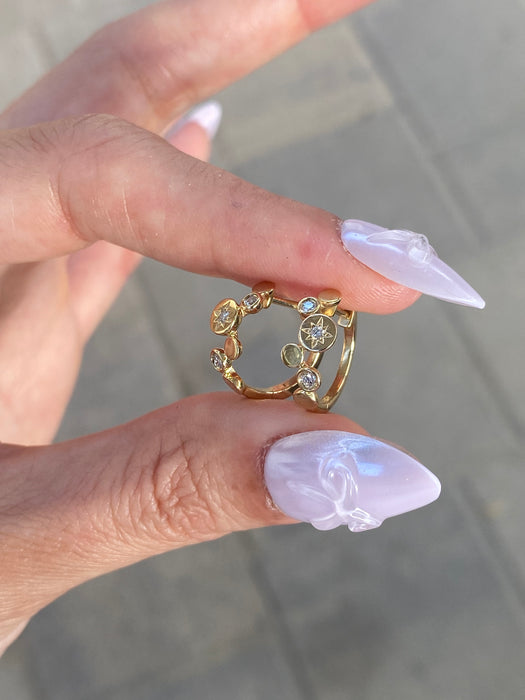 14K Gold Natural Diamond Disc & Starburst Huggie Earrings