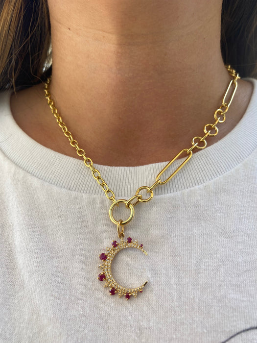 14K Gold Crescent Moon Charm with Ruby & Diamond Accents – 0.89 TCW