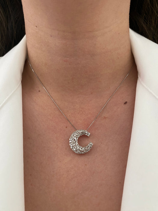 18k white gold box chain with 18k white gold baguette diamond crescent moon