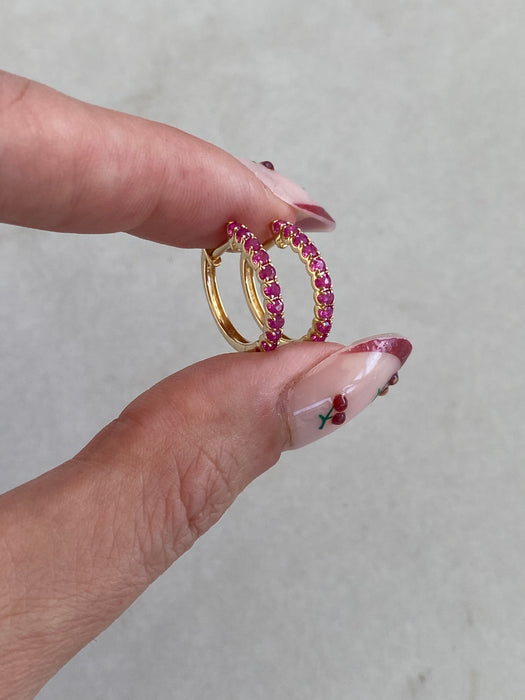 14K Gold Natural Ruby Huggie Hoop Earrings