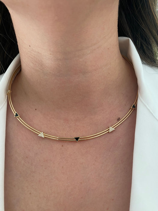 14K Gold Diamond & Black Onyx Torque Collar Necklace – 0.15 TCW Diamonds – Adjustable 15–17”