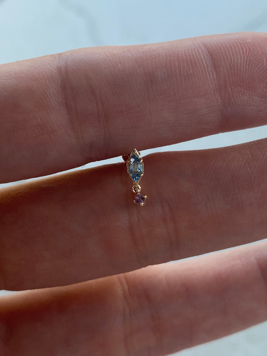 14K Gold Blue Topaz & Amethyst Flat Back Screw-On Stud Single Earring
