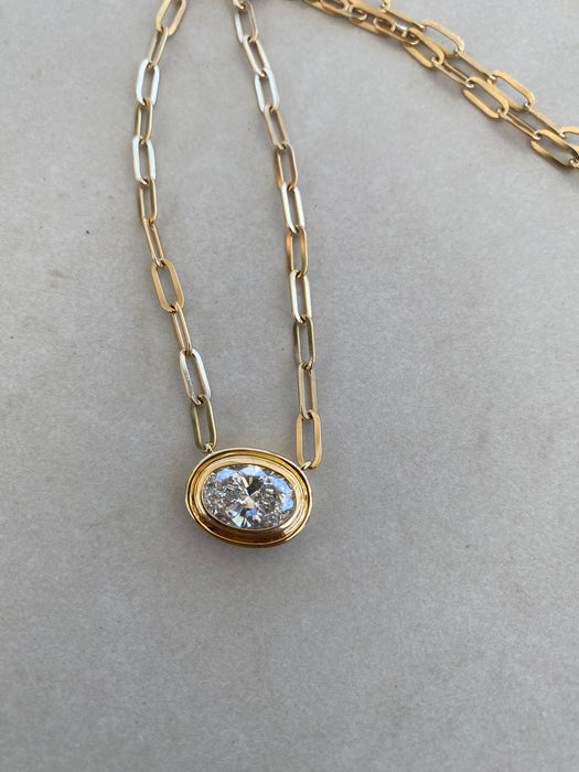 14K Gold Paperclip Necklace with 3 Carat East-West Oval Lab Diamond