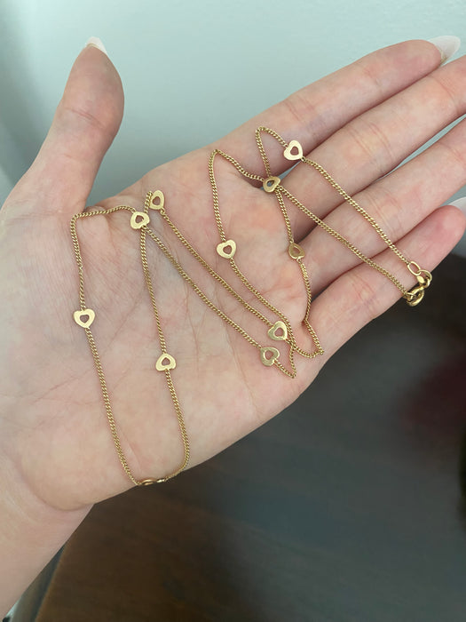 14K Vintage Curb Chain Necklace with Heart Stations – 24”