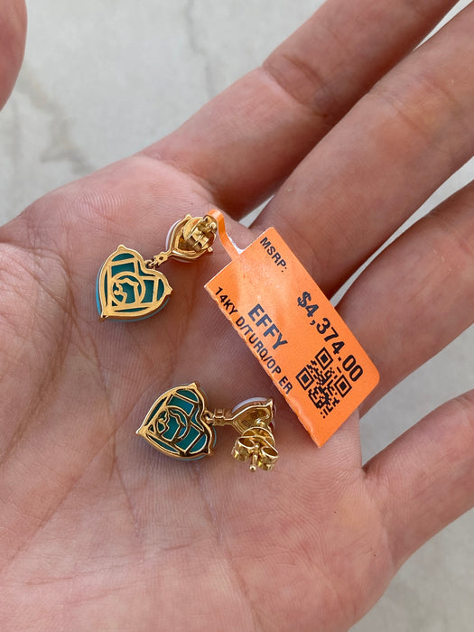 14K Gold Opal, Turquoise & Diamond Heart Drop Earrings by Effy