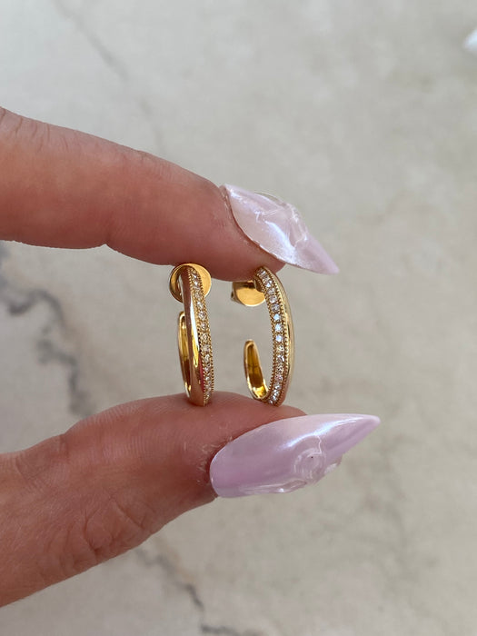14K Gold Knife Edge Diamond J Hoop Earrings