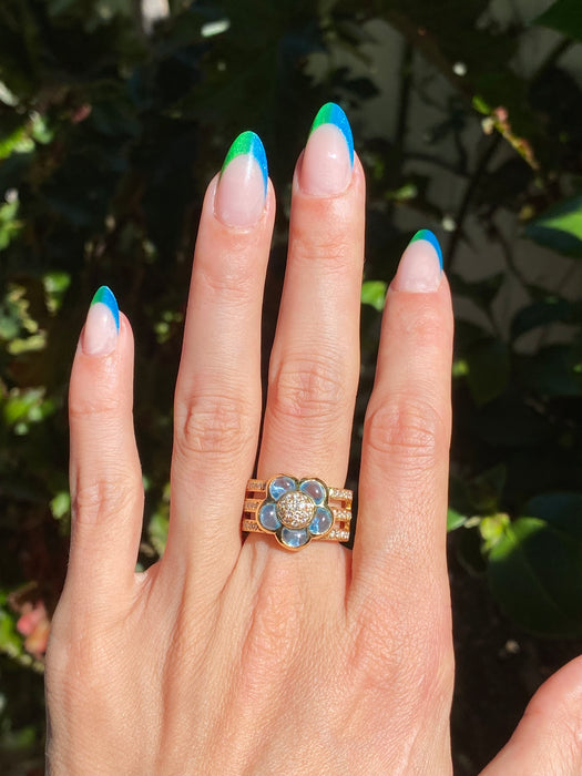 18k cabochon blue topaz diamond flower ring size 5.5