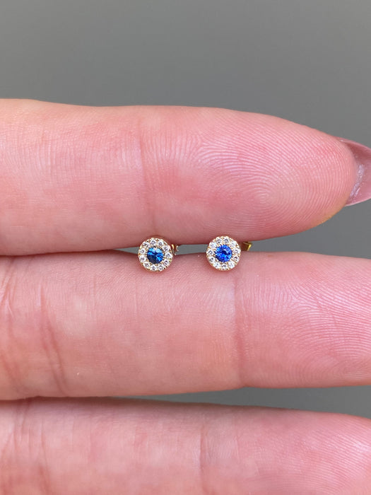 14k halo blue sapphire diamond stud earrings