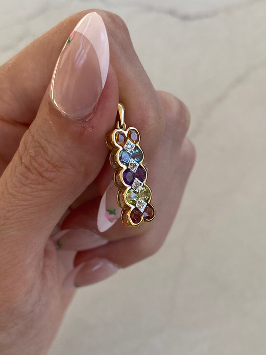 Vintage 14K Gold Rainbow Gemstone Slider Pendant with Diamond Accents