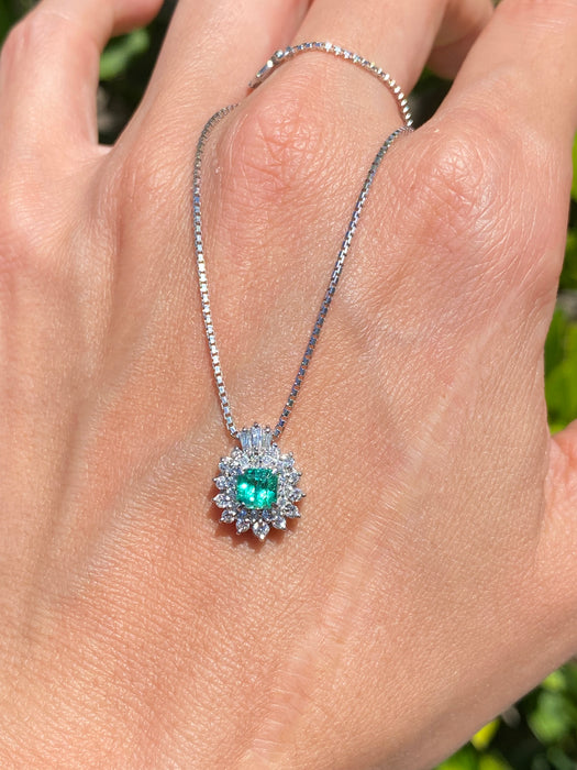 Vintage Platinum Emerald & Diamond Pendant Necklace