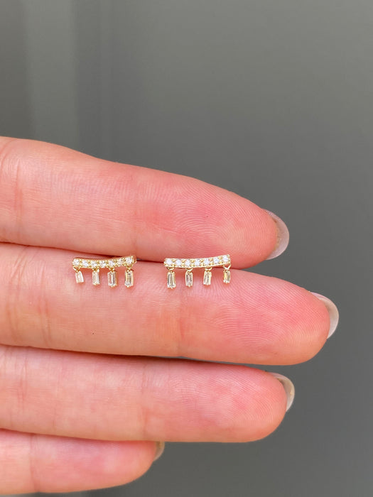 14k curved baguette diamond stud earrings