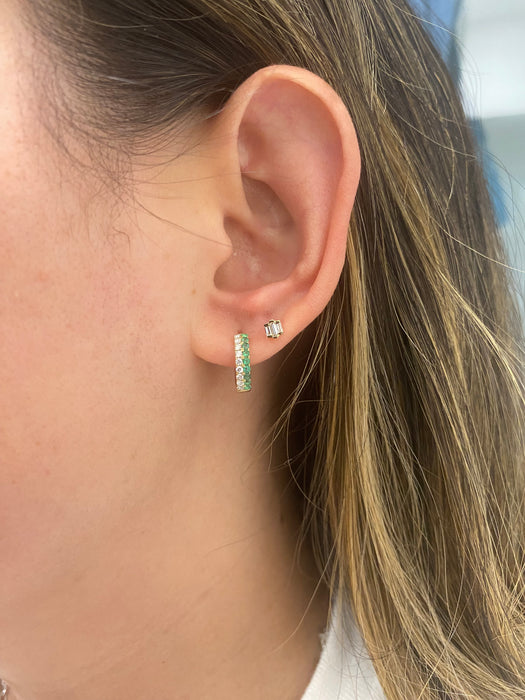 14K Natural Emerald & Diamond Huggie Earrings