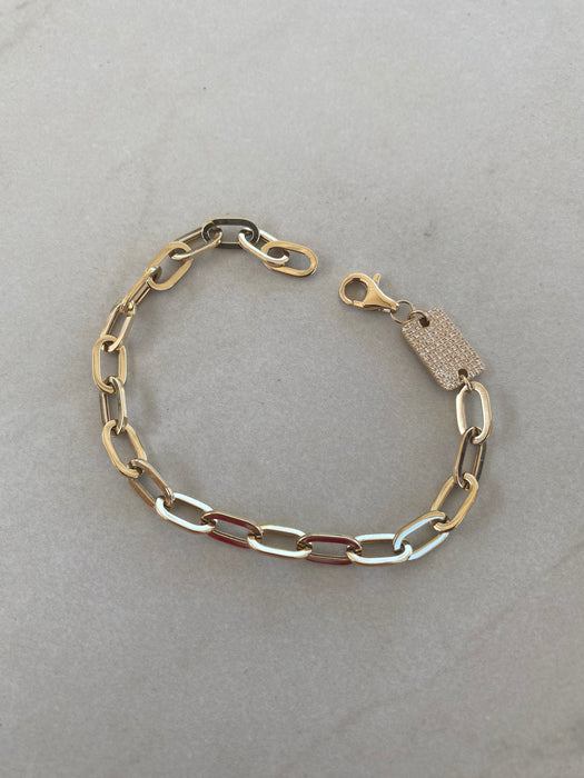 14K Gold Oval Link Paperclip Diamond Charm Bracelet