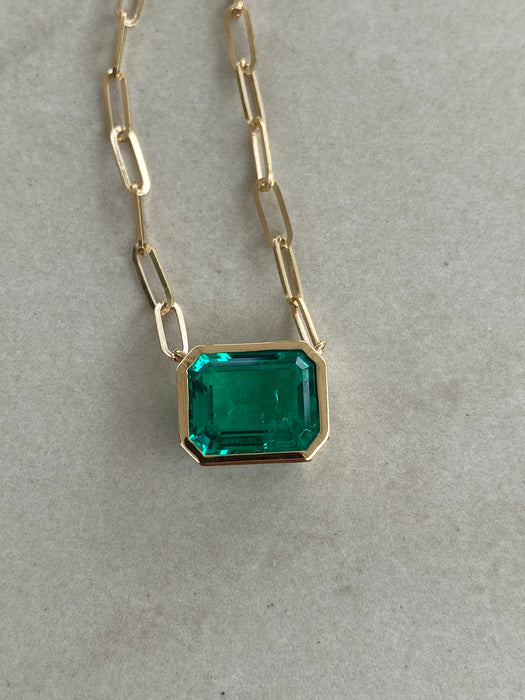 14K Gold Paperclip Chain Necklace with Lab-Grown Emerald Pendant