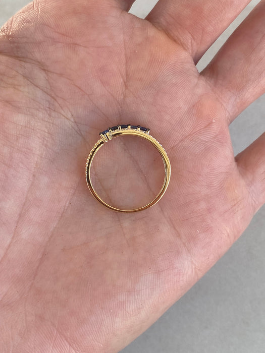 14K Gold Blue Sapphire & Diamond Croissant Ring Size 7