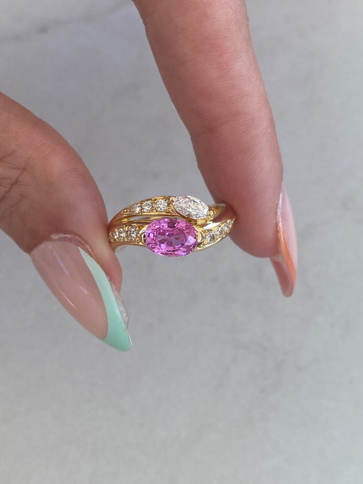 Vintage 18K Pink Sapphire & Diamond Ring