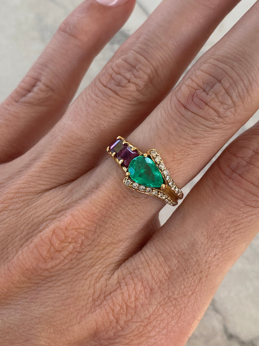 Vintage 18K Emerald, Ruby & Diamond Ring