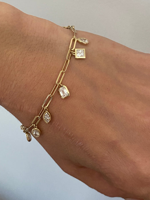 14k Gold Lab Diamond Bezel Charms Paperclip Bracelet With Dog Clip