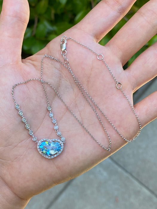 14k white gold blue topaz diamond heart necklace