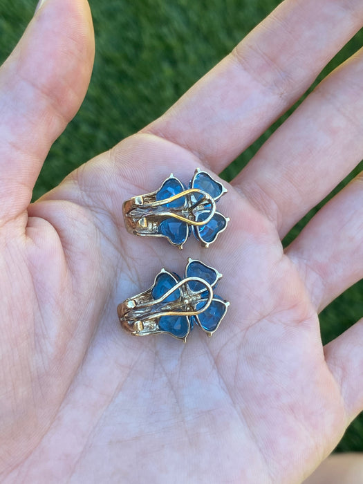 Vintage 14K Gold Blue Topaz Heart Flower Earrings
