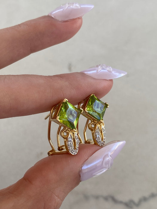 Vintage 14k Gold Peridot and Diamond Omega Back Earrings | Princess Cut Peridot