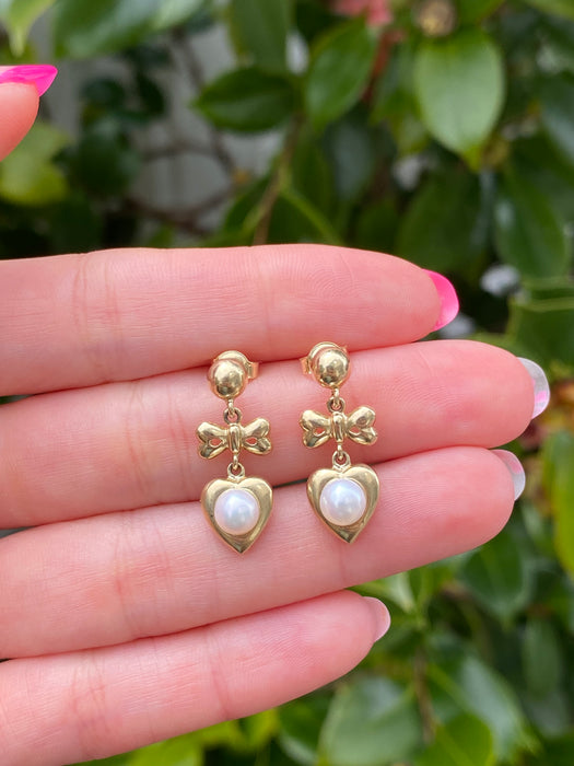 14k dangly bow pearl earrings