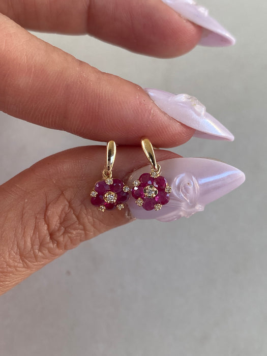 14K Gold Natural Ruby & Diamond Flower Drop Stud Earrings