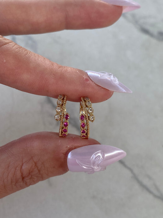 14K Gold Ruby & Diamond Huggie Earrings