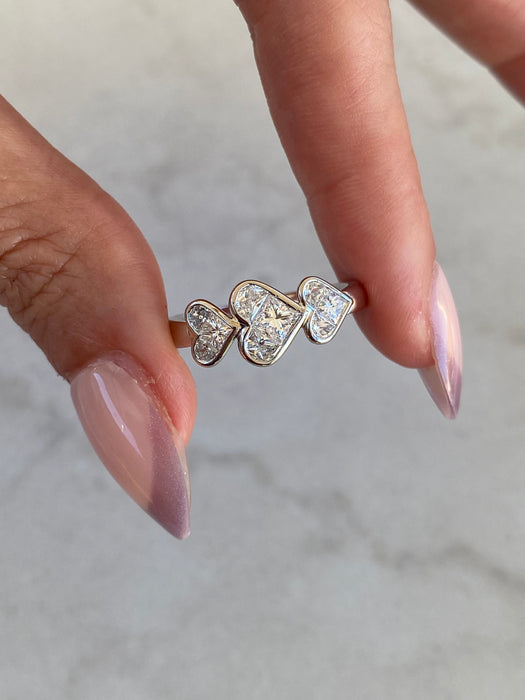 Vintage Platinum 900 Triple Heart Natural Diamond Ring
