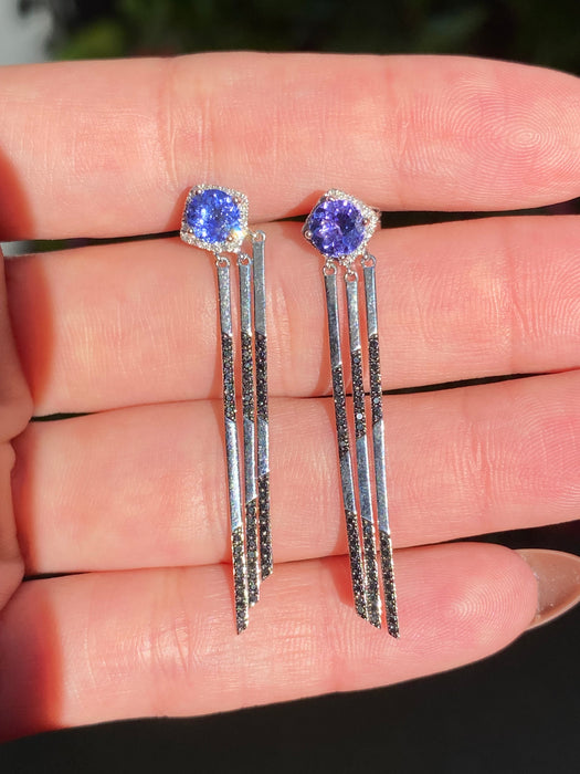 14K White Gold Tanzanite & Diamond Drop Earrings – Black & White Diamond Accents (1.3 TCW)