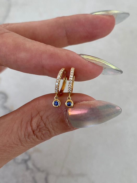 14K Natural Diamond & Blue Sapphire Huggie Earrings