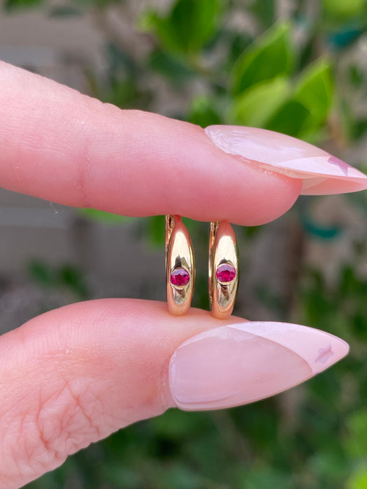 14K Gold Flush Set Ruby Huggie Earrings