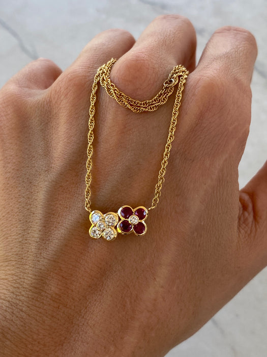 Vintage 18K Ruby & Diamond Flower Rope Chain Necklace