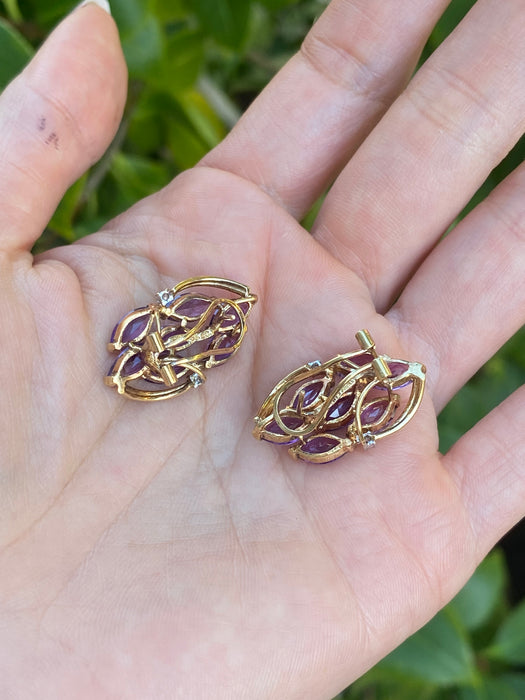 Vintage 14K Gold Marquise Amethyst & Diamond Earrings with Omega Backings