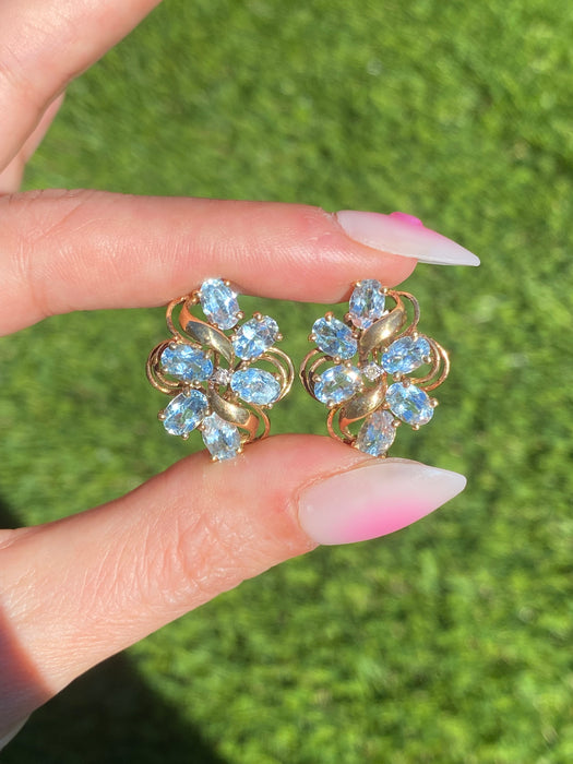 Vintage 14K Gold Blue Topaz & Diamond Cluster Earrings – Omega Back