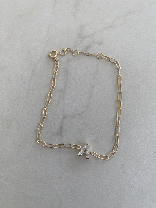 14K Gold Paperclip Bracelet with Lab Diamond Letter A Charm
