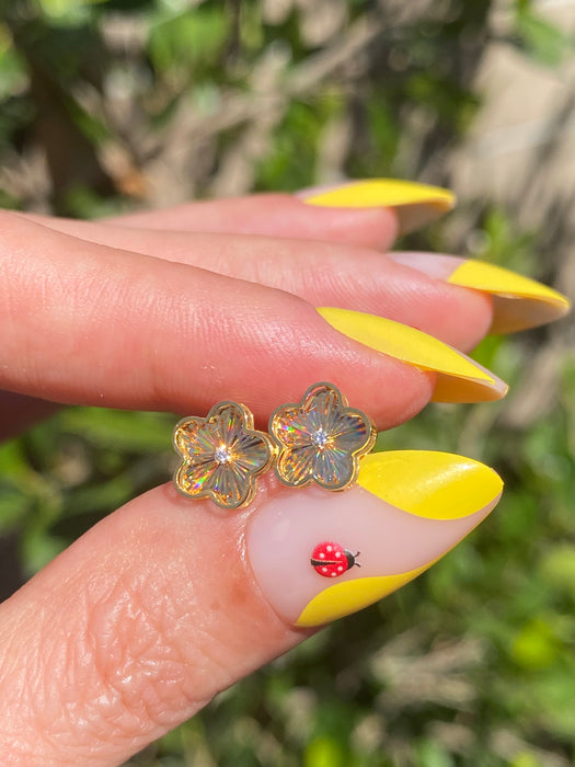 14K Fluted Rainbow Flower Diamond Stud Earrings
