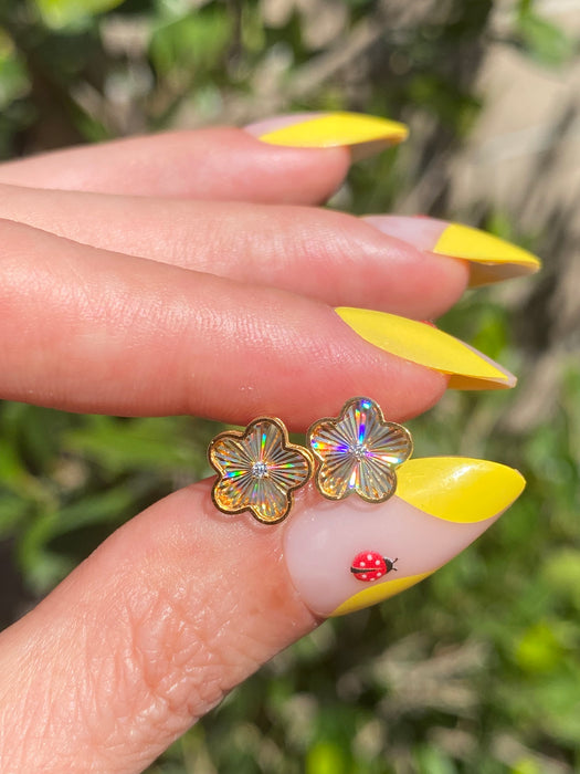 14K Fluted Rainbow Flower Diamond Stud Earrings