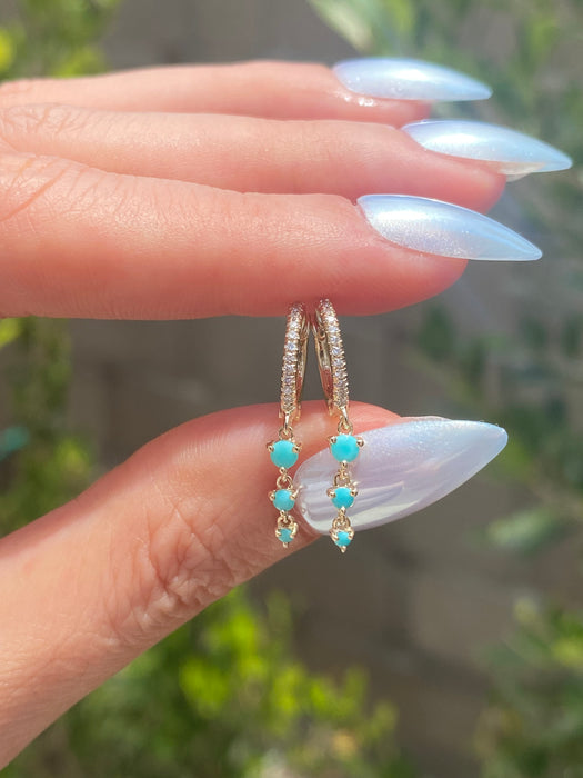 14K Gold Diamond Huggie Earrings with Turquoise Dangle Charms