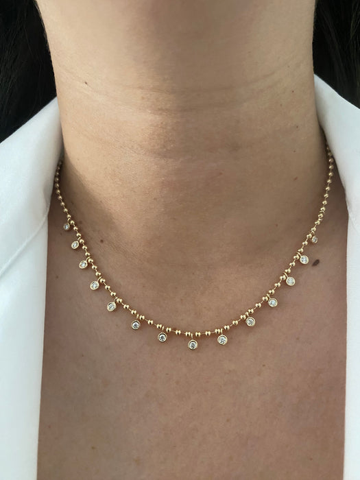 14k bead necklace with bezel set diamond charms