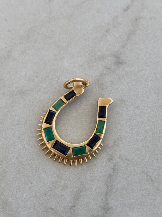 14K Gold Emerald Blue Sapphire Horseshoe Charm