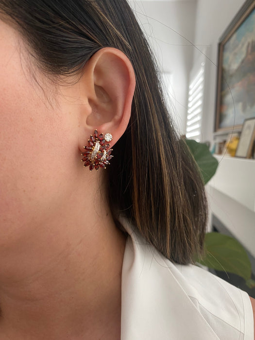 Vintage 14K Gold Marquise Garnet & Diamond Cluster Earrings with Omega Backs