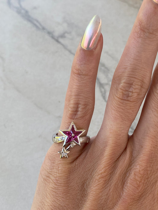Vintage Platinum 900 Ruby & Diamond Star Ring – Kite-Cut Rubies