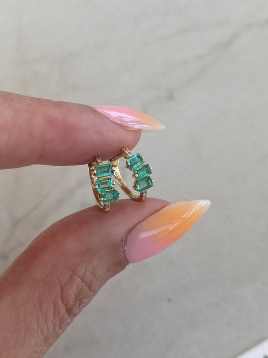 14K Natural Emerald & Diamond Huggie Earrings
