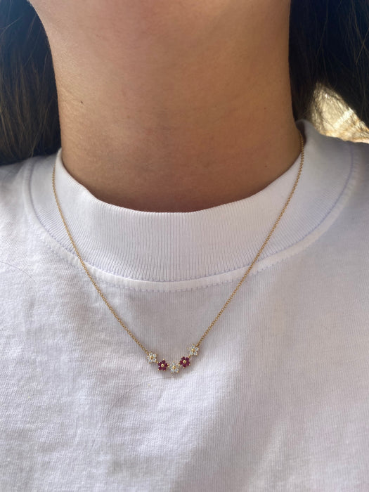 14K Gold Ruby & Diamond Flower Bar Necklace